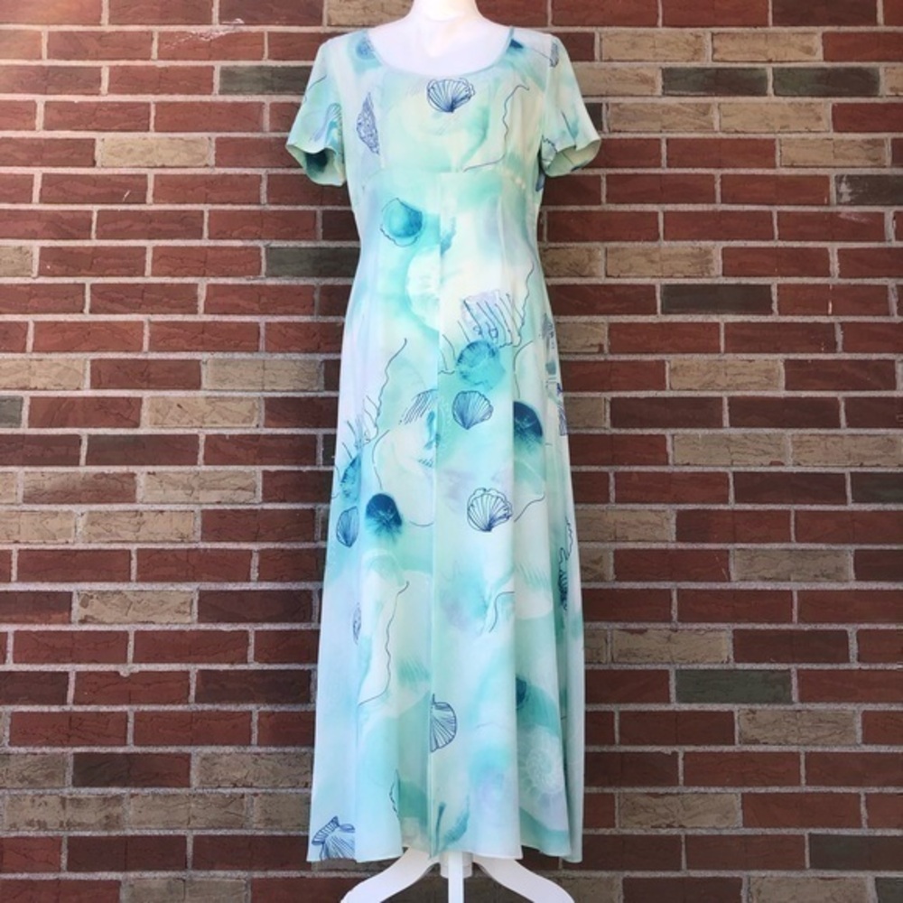 Vintage Escada Margaretha Ley 80s Silk Royal Seashell Blue Green Maxi Dress 👗